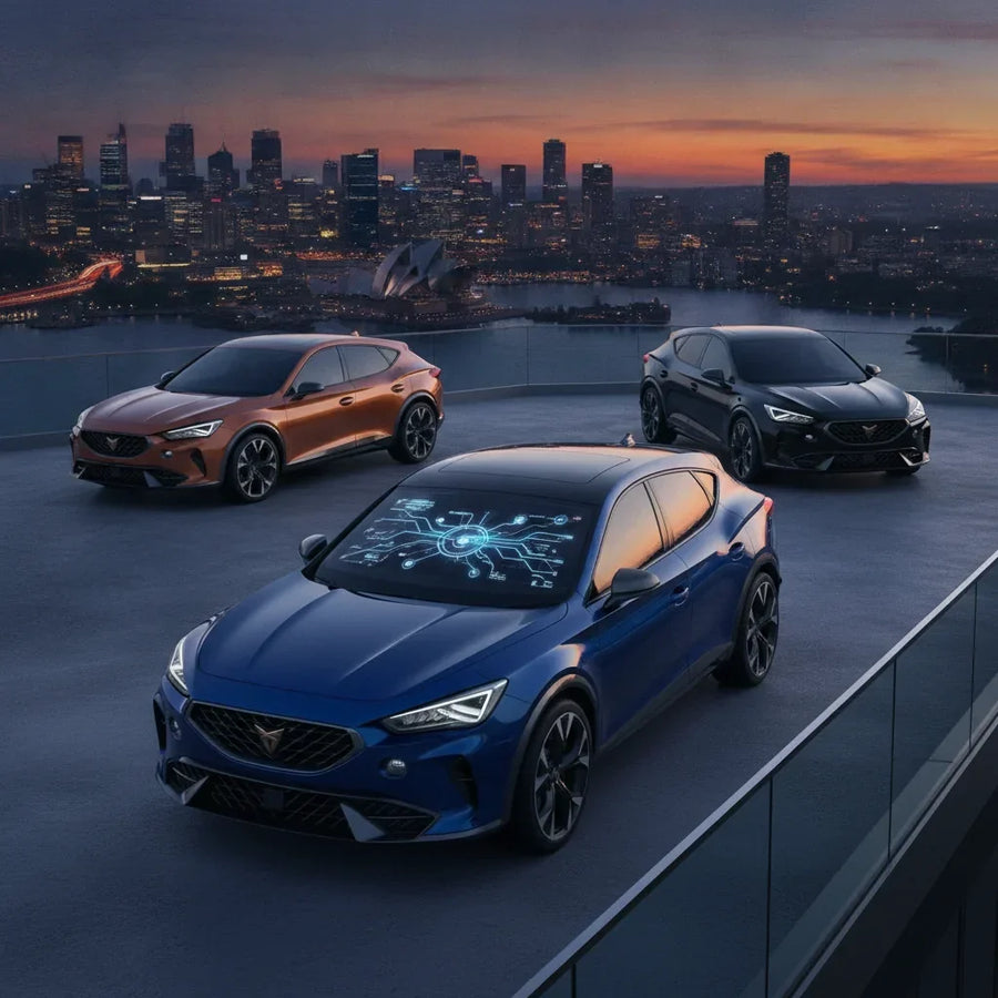 Editorial photo-realistic HERO image for automotive news (2026-07-27). Feature Cupra vehicles specifically Cupra Formentor. Scene: A sleek Cupra Forme