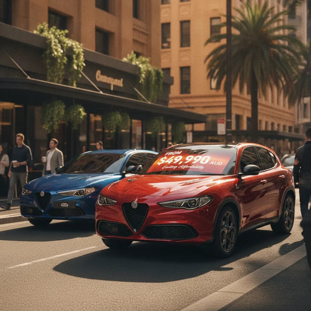 Editorial photo-realistic HERO image for automotive news (2026-08-03). Feature Alfa Romeo vehicles specifically Alfa Romeo's cheapest model. Scene: A 