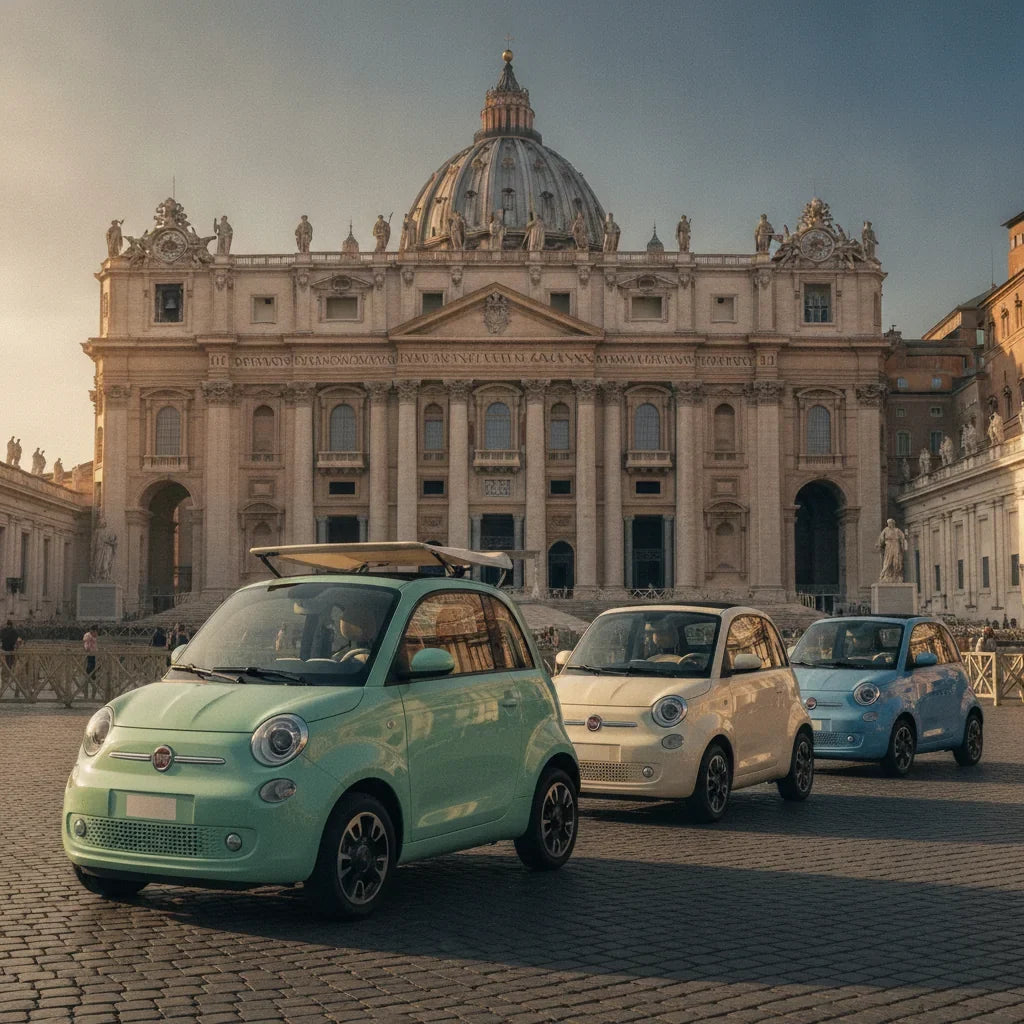 Editorial photo-realistic HERO image for automotive news (2026-08-08). Feature Fiat and Vatican City vehicles specifically Fiat Topolino. Scene: The F