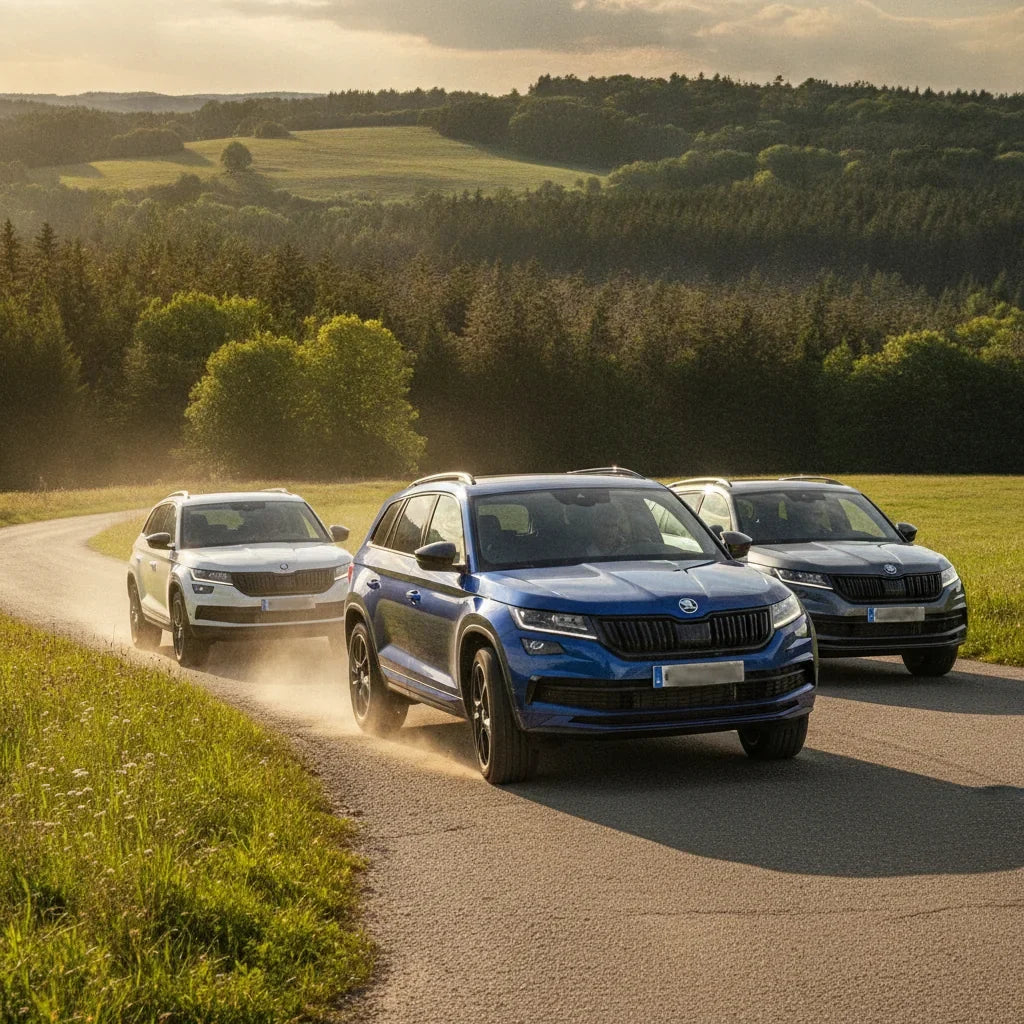 Editorial photo-realistic HERO image for automotive news (2026-08-09). Feature Skoda vehicles specifically Kodiaq vRS. Scene: A dynamic shot of the Sk