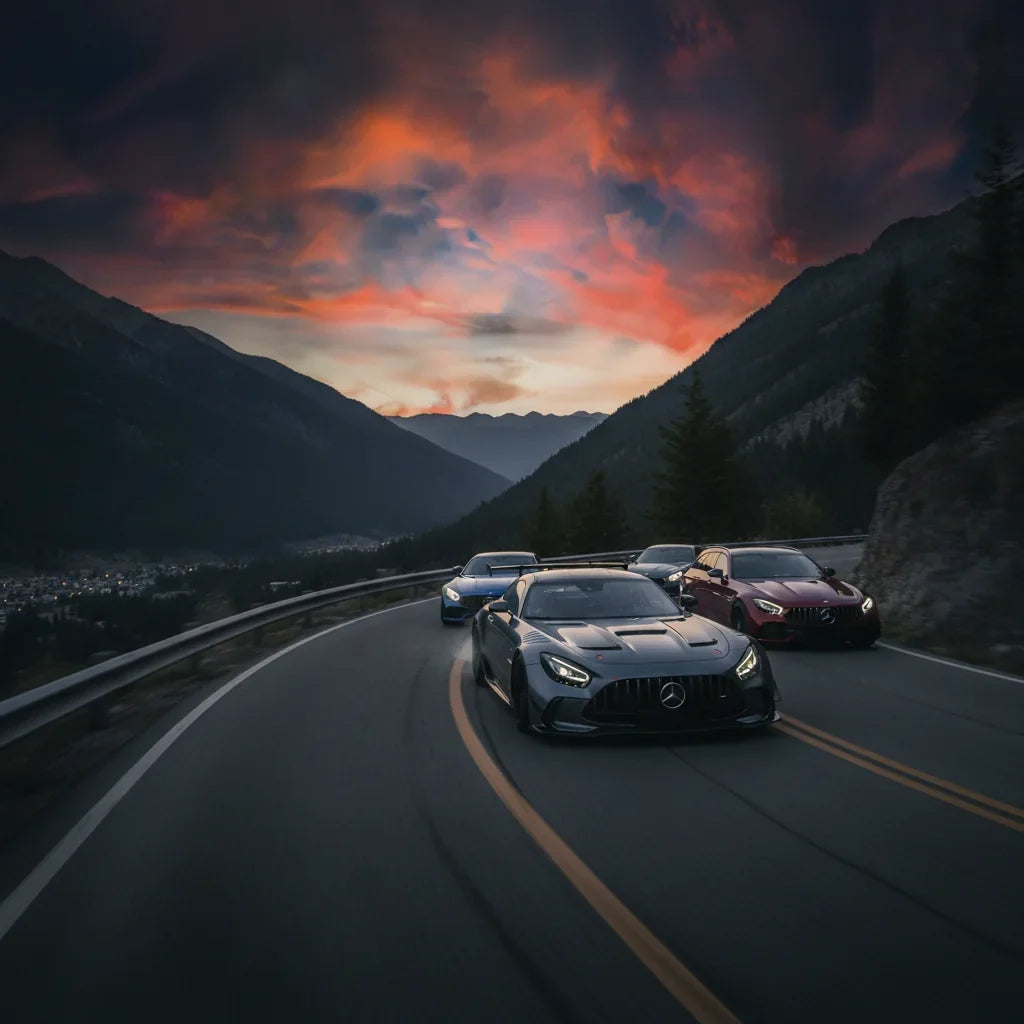 Editorial photo-realistic HERO image for automotive news (2026-08-13). Feature Mercedes-Benz and AMG vehicles specifically AMG GT Black Series. Scene:
