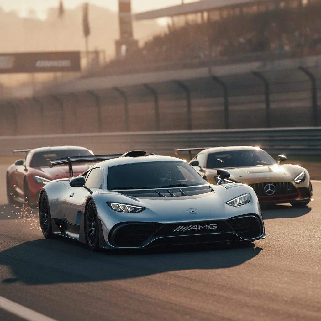 Editorial photo-realistic HERO image for automotive news (2026-10-25). Feature Mercedes vehicles specifically specific model names mentioned in the ar