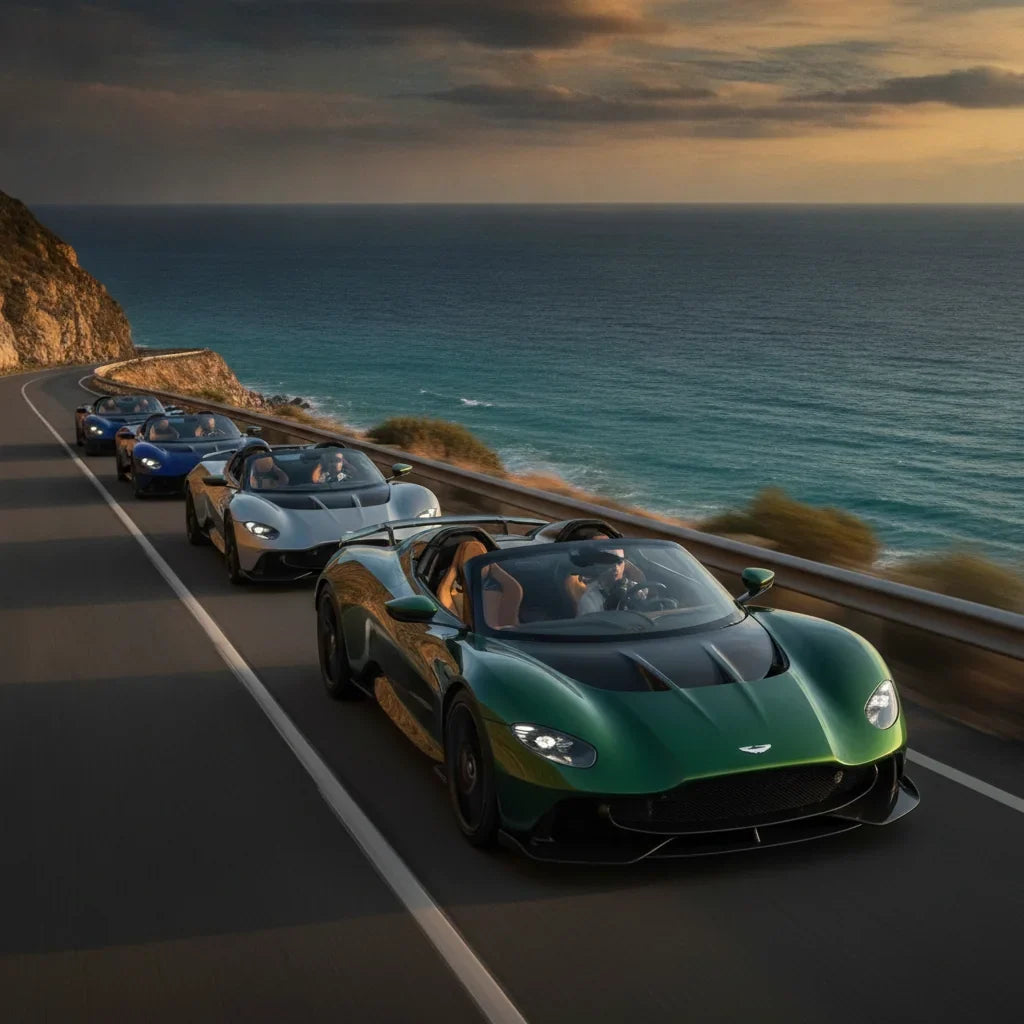 Editorial photo-realistic HERO image for automotive news (2026-10-28). Feature Aston Martin vehicles specifically Valhalla, Valhalla Spider. Scene: Th