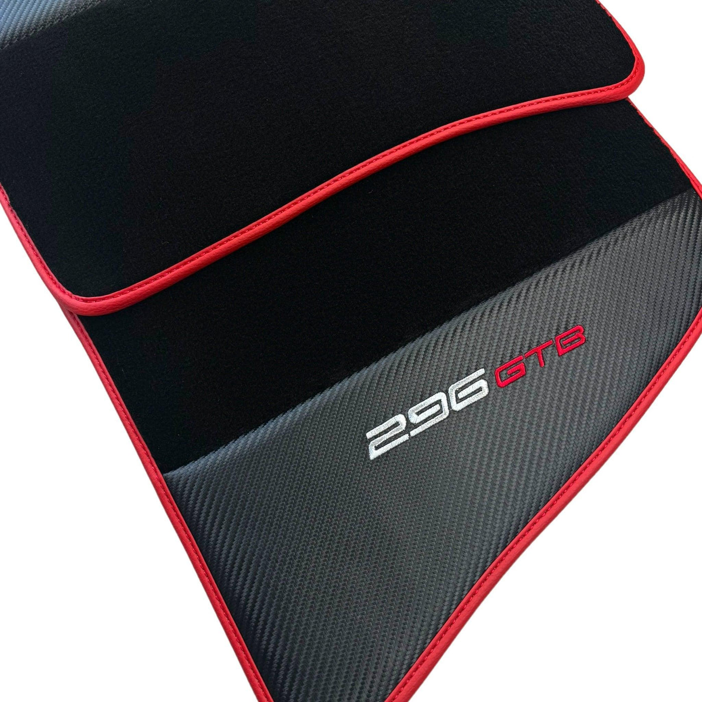 Black Floor Mats for Ferrari 296 GTB (2022-2024) with Carbon Fiber | Red Trim - AutoWin
