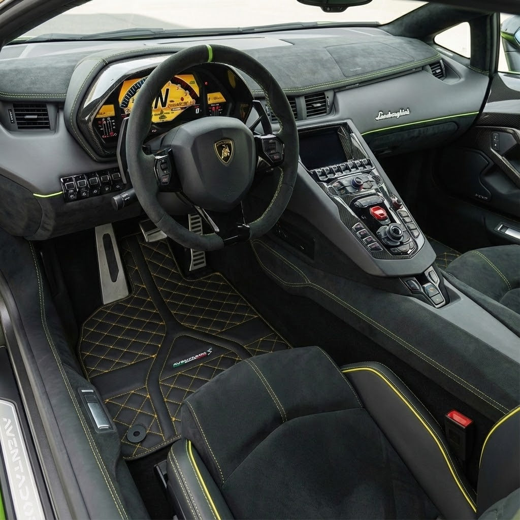 Customizable Black Leather Floor Mats for Lamborghini Aventador S | Yellow Stitching