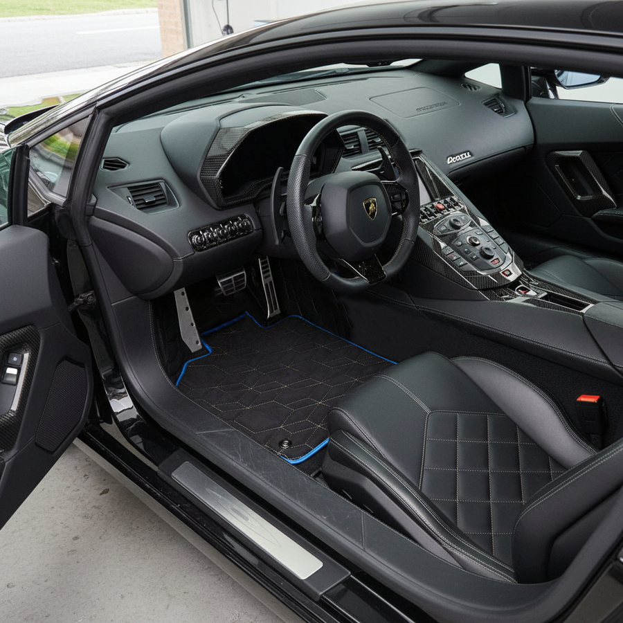 Customizable Leather Floor Mats for Lamborghini Aventador SVJ Limited Edition with Blue Trim