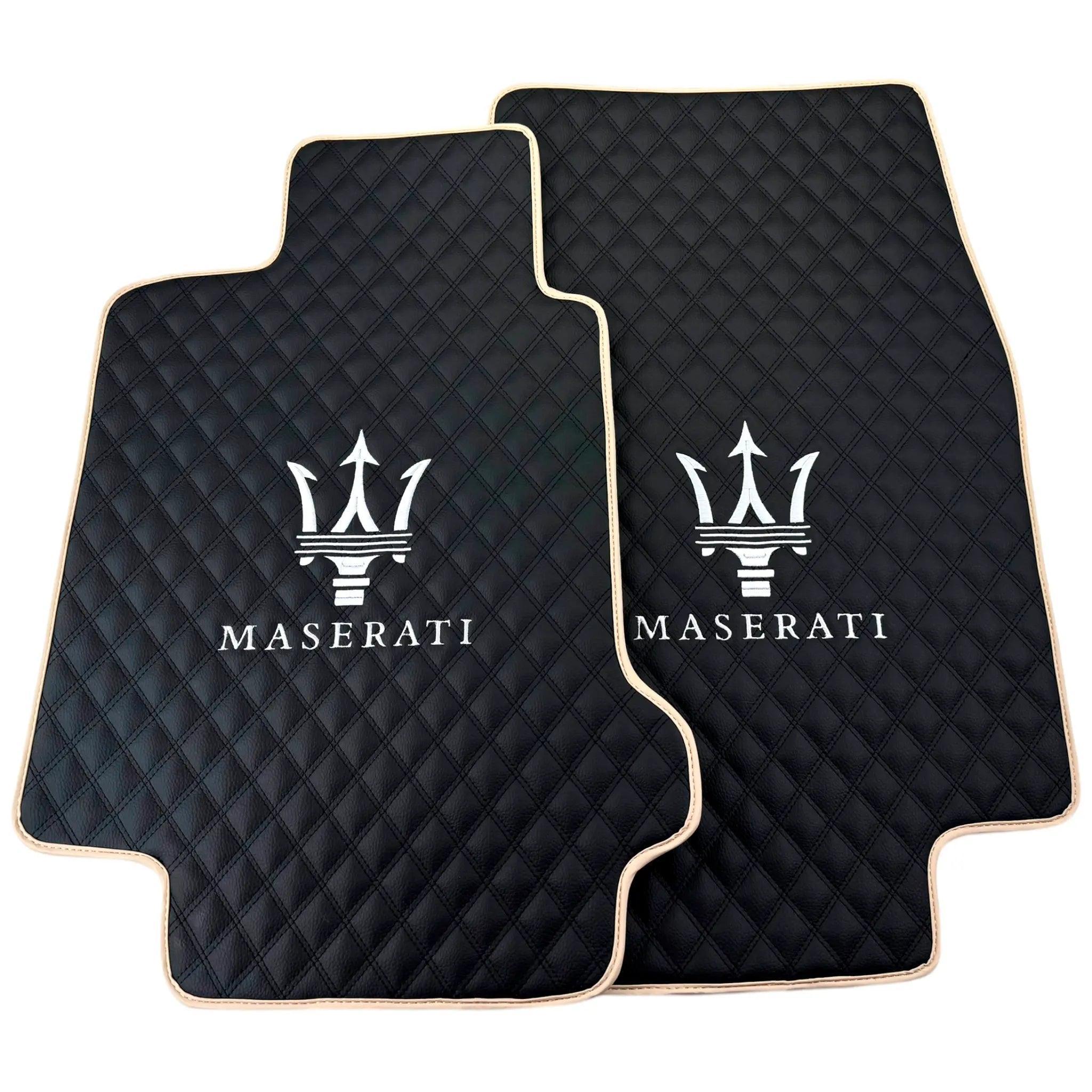 Black Stitched Leather Floor Mats with Logo for Maserati GranCabrio MC (2013-2019) | Beige Trim - AutoWin