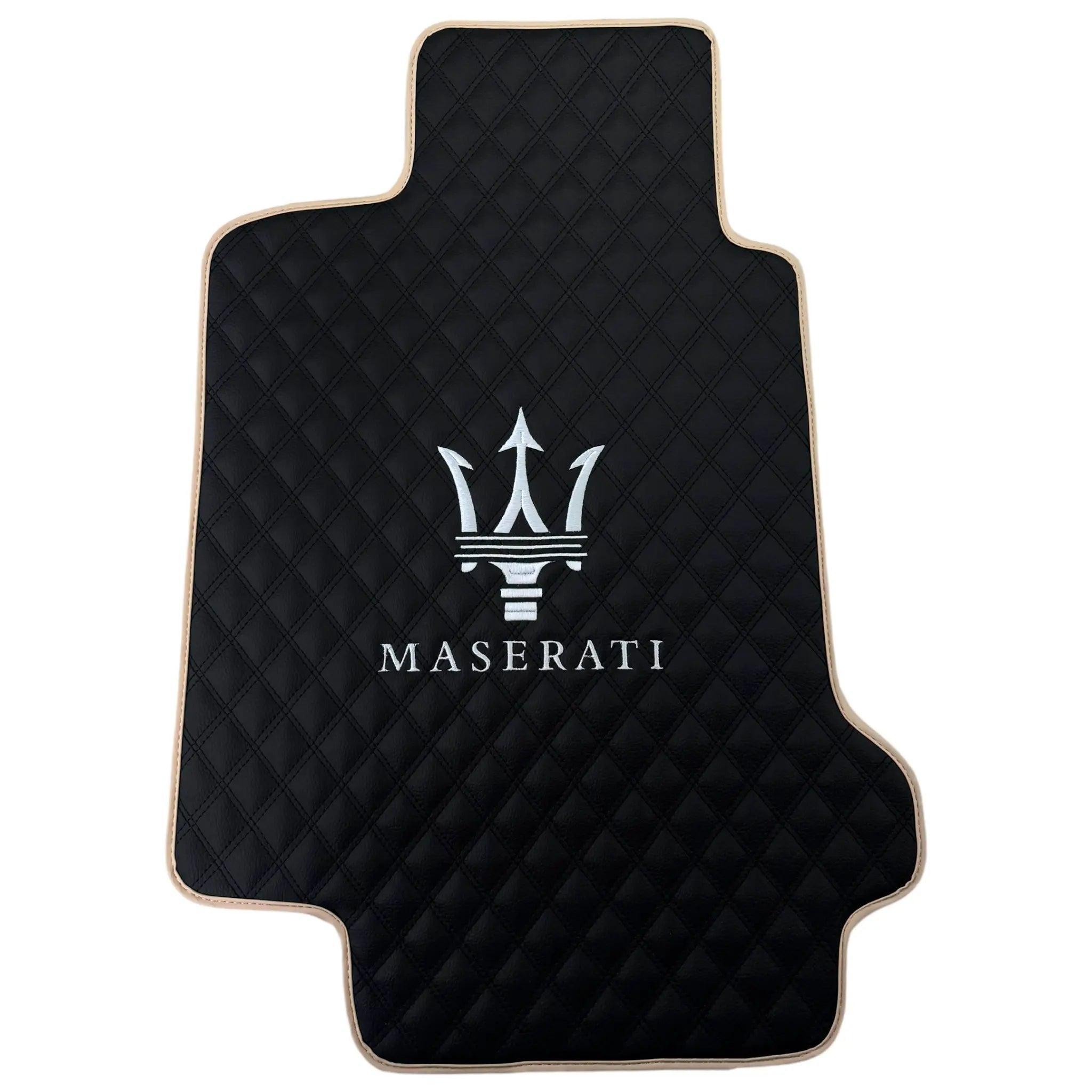 Black Stitched Leather Floor Mats with Logo for Maserati GranCabrio MC (2013-2019) | Beige Trim - AutoWin