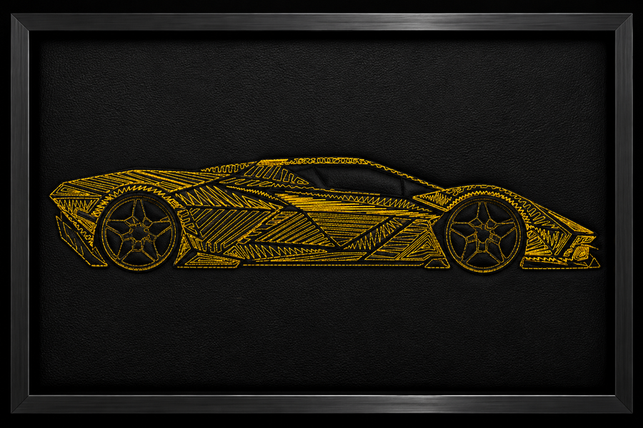 Black Leather Supercar Inspired Wall Art: Embroidered Yellow Stitch