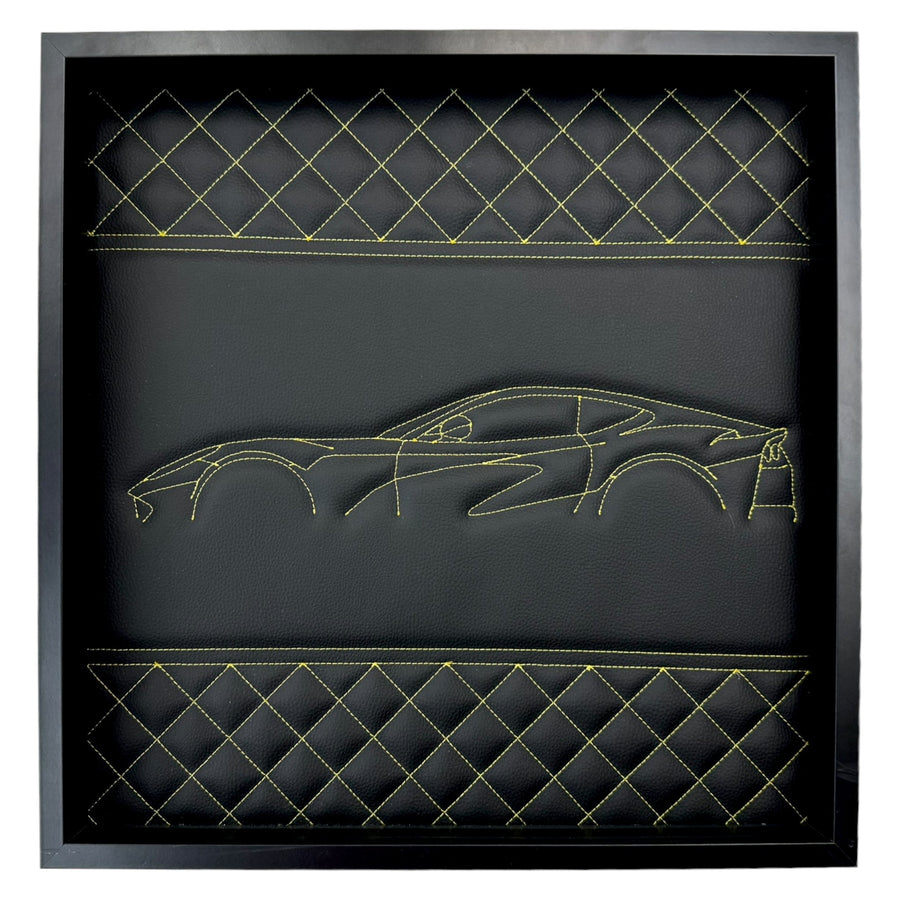 Black Leather Inspired Wall Art: Embroidered Yellow Stitch Luxury Decor