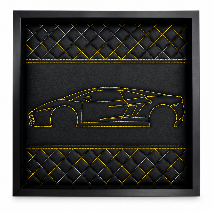 Black Leather Lamborghini Gallardo Inspired Wall Art: Embroidered Yellow Stitch Luxury Decor