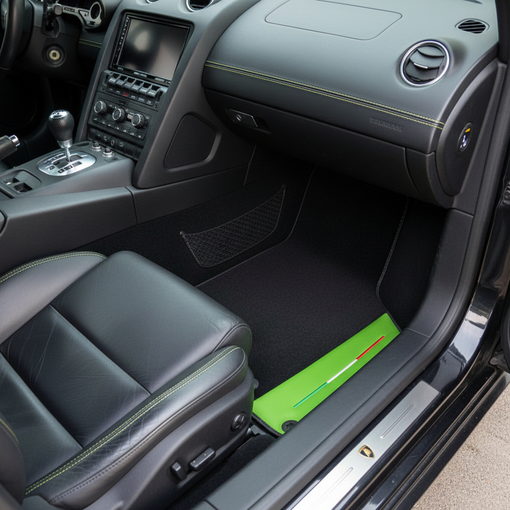 Custom Black Floor Mats for Lamborghini Gallardo With Green Leather