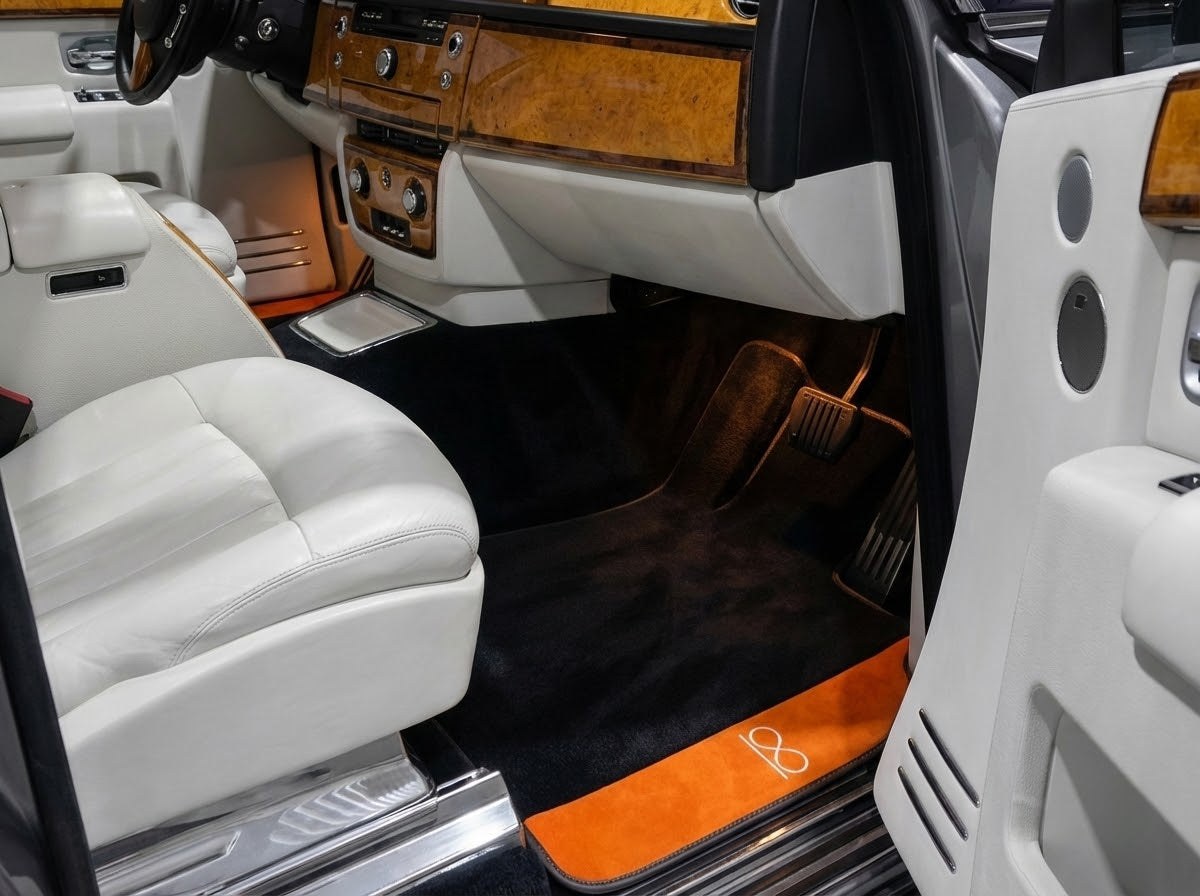 Black Floor Mats For Rolls Royce Black Badge Phantom VIII (2017-2024) Orange Alcantara