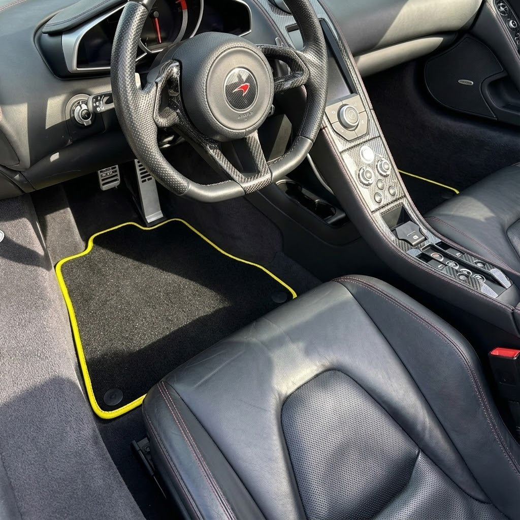 Interior look of floor mats for Floor Mats For McLaren MP4-12C (2011–2014) Black Tailored With Yellow Trim