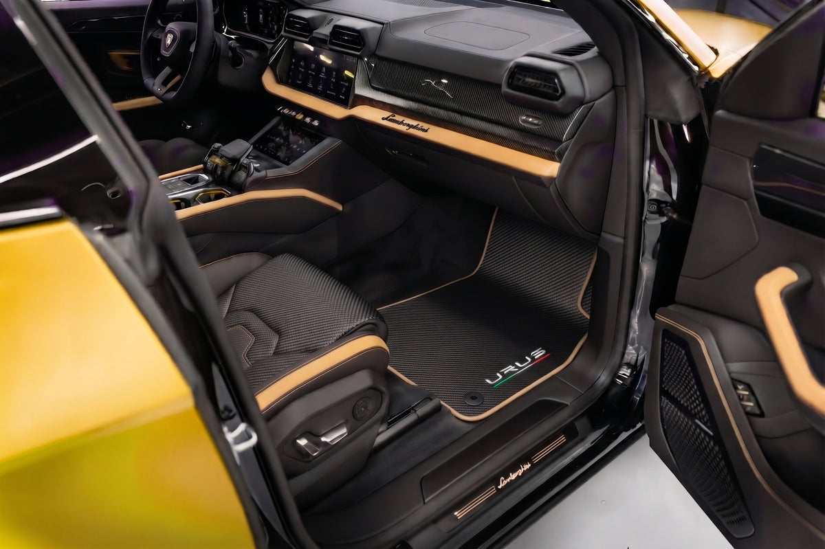 Black Floor Mats for Lamborghini Urus with Orange Leather
