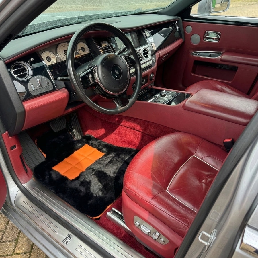 Black Sheepskin Floor Mats for Rolls-Royce Ghost Series I (2010–2020) I Orange Leather Trim