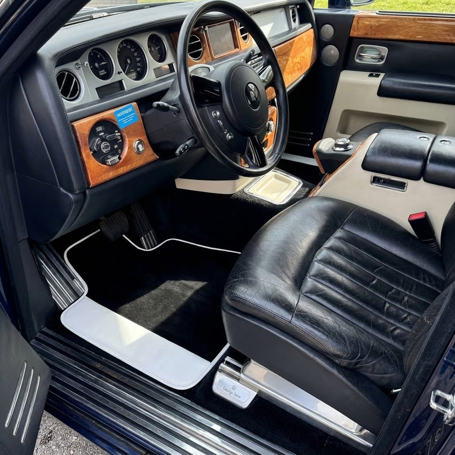 Black Floor Mats for Rolls Royce Phantom Drophead Coupe 2007-2016 with White Leather | White Trim