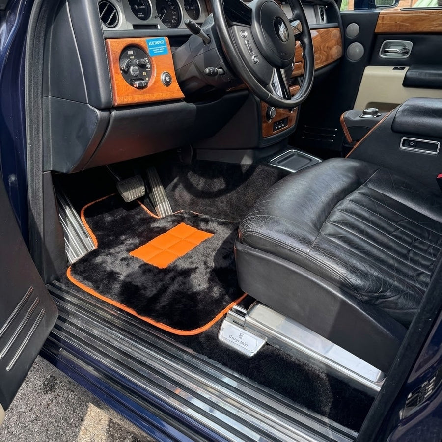 Black Sheepskin Floor Mats for Rolls-Royce Phantom Sedan (2003-2016) Orange Leather Trim