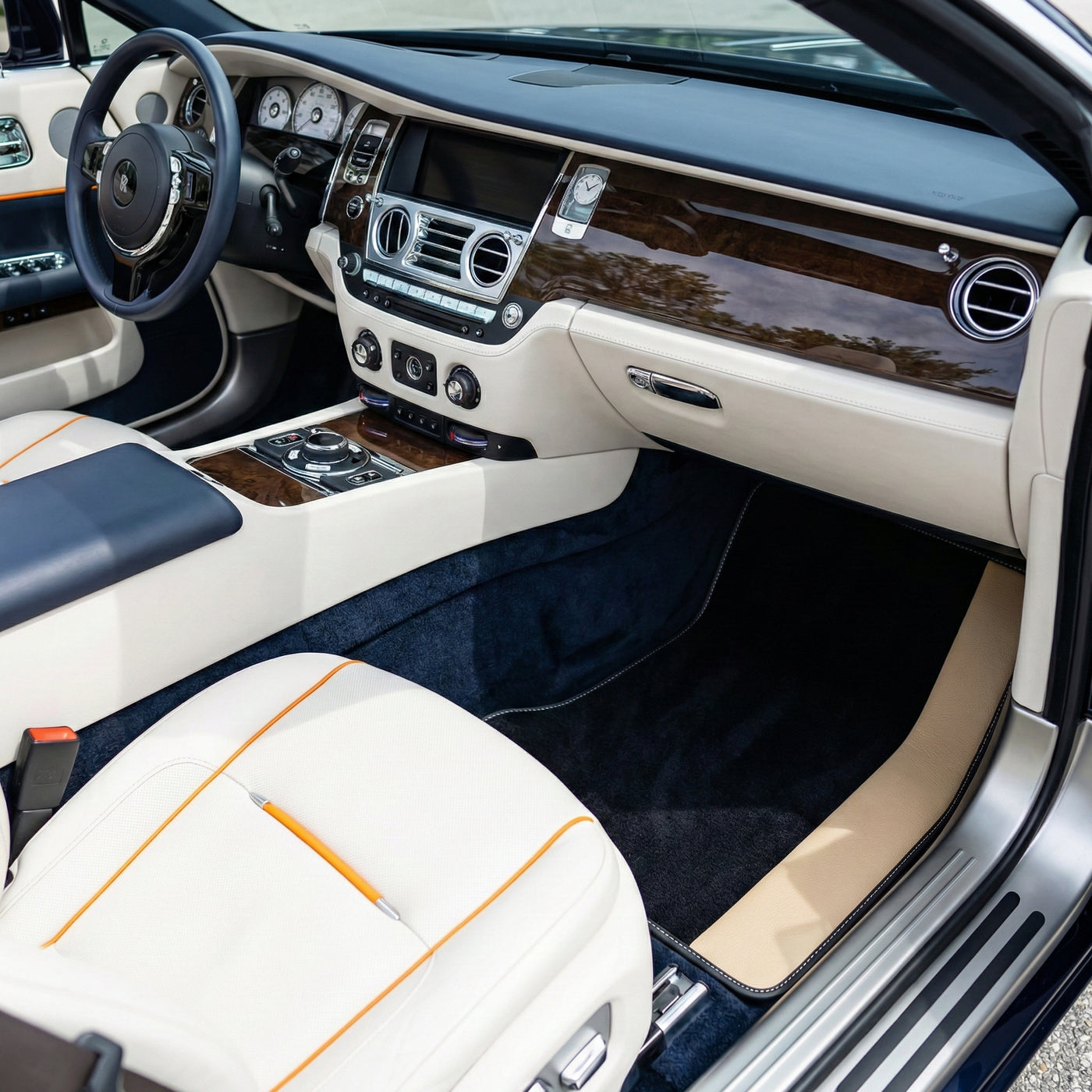 Custom Black Floor Mats for Rolls Royce Dawn (2016-2023) With Beige Leather