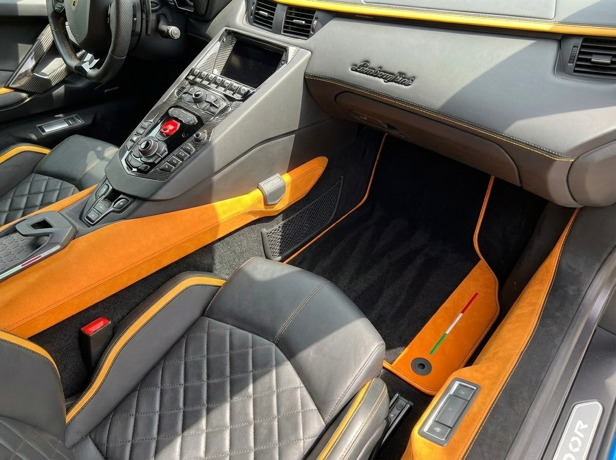 Interior look of floor mats for Lamborghini Aventador With Orange Alcantara Leather