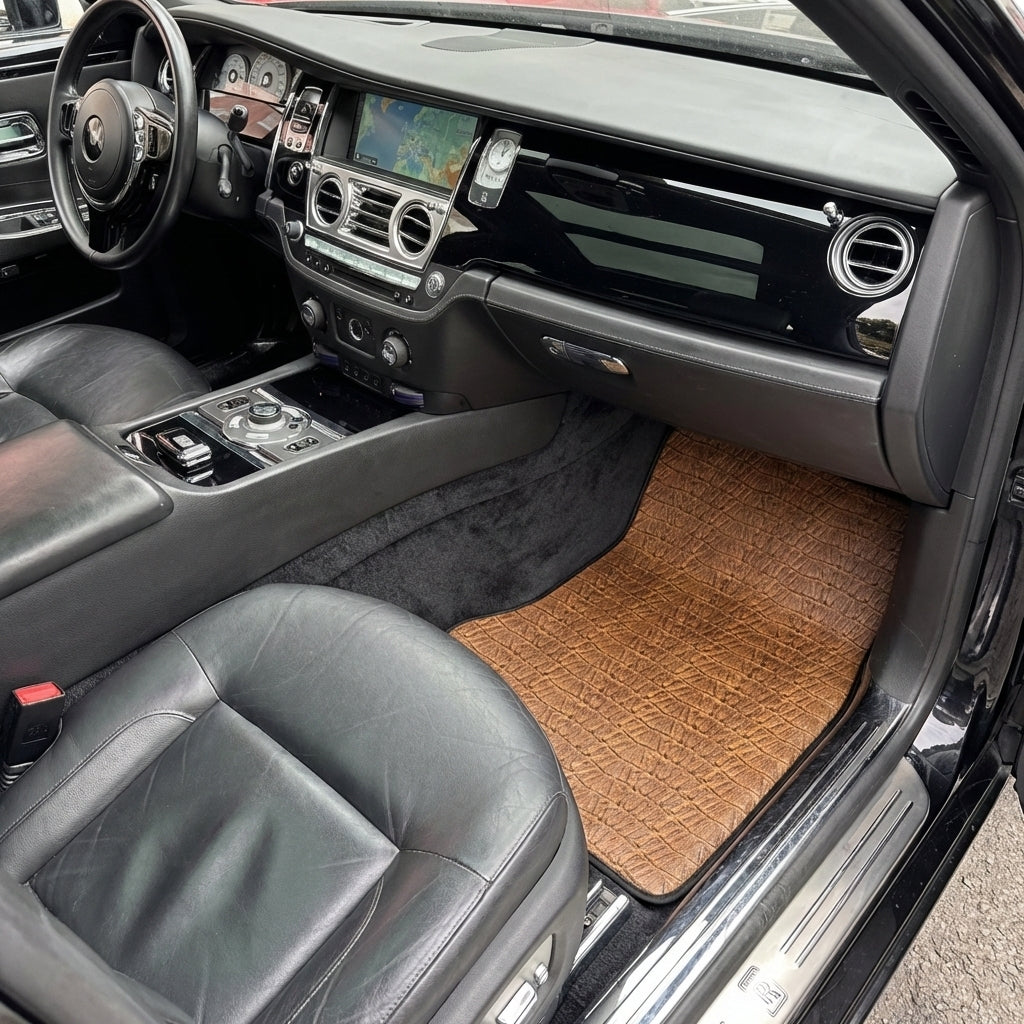 Black Floor Mats for Rolls Royce Ghost Series I 2010-2020 with Gray Leather Borders - AutoWin