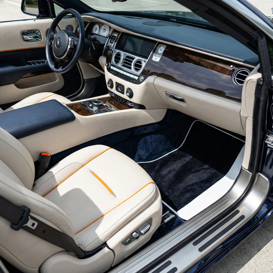 Black Floor Mats for Rolls Royce Dawn (2016-2023) with White Leather | White Trim