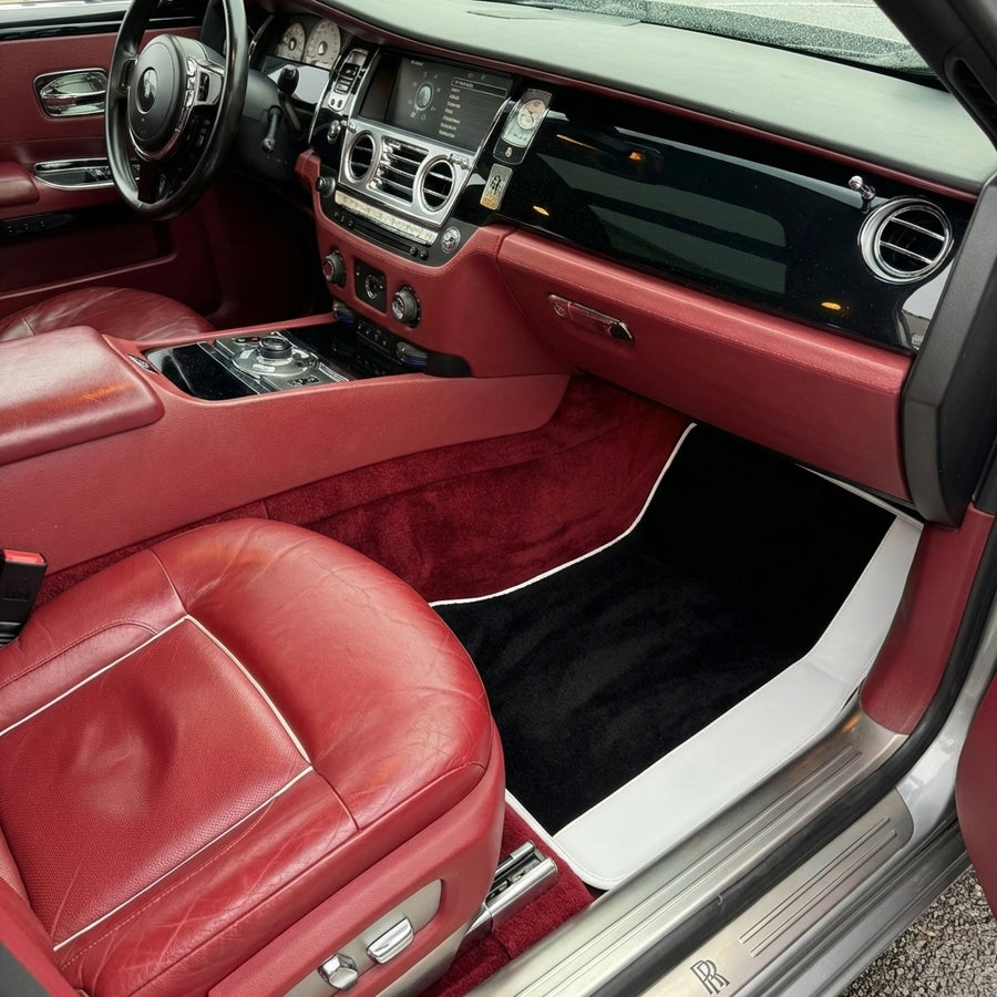 Black Floor Mats for Rolls Royce Ghost Series I (2010-2020) with White Leather | White Trim