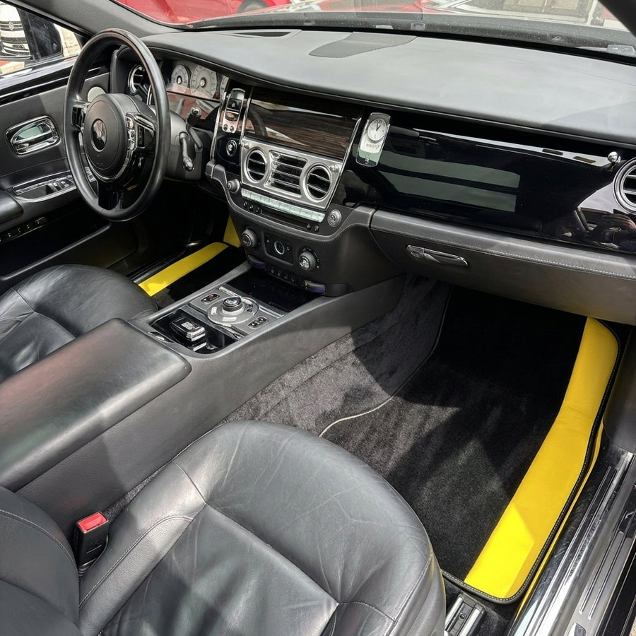 Custom Black Floor Mats for Rolls Royce Ghost Series II (2021-2024) with Yellow Leather