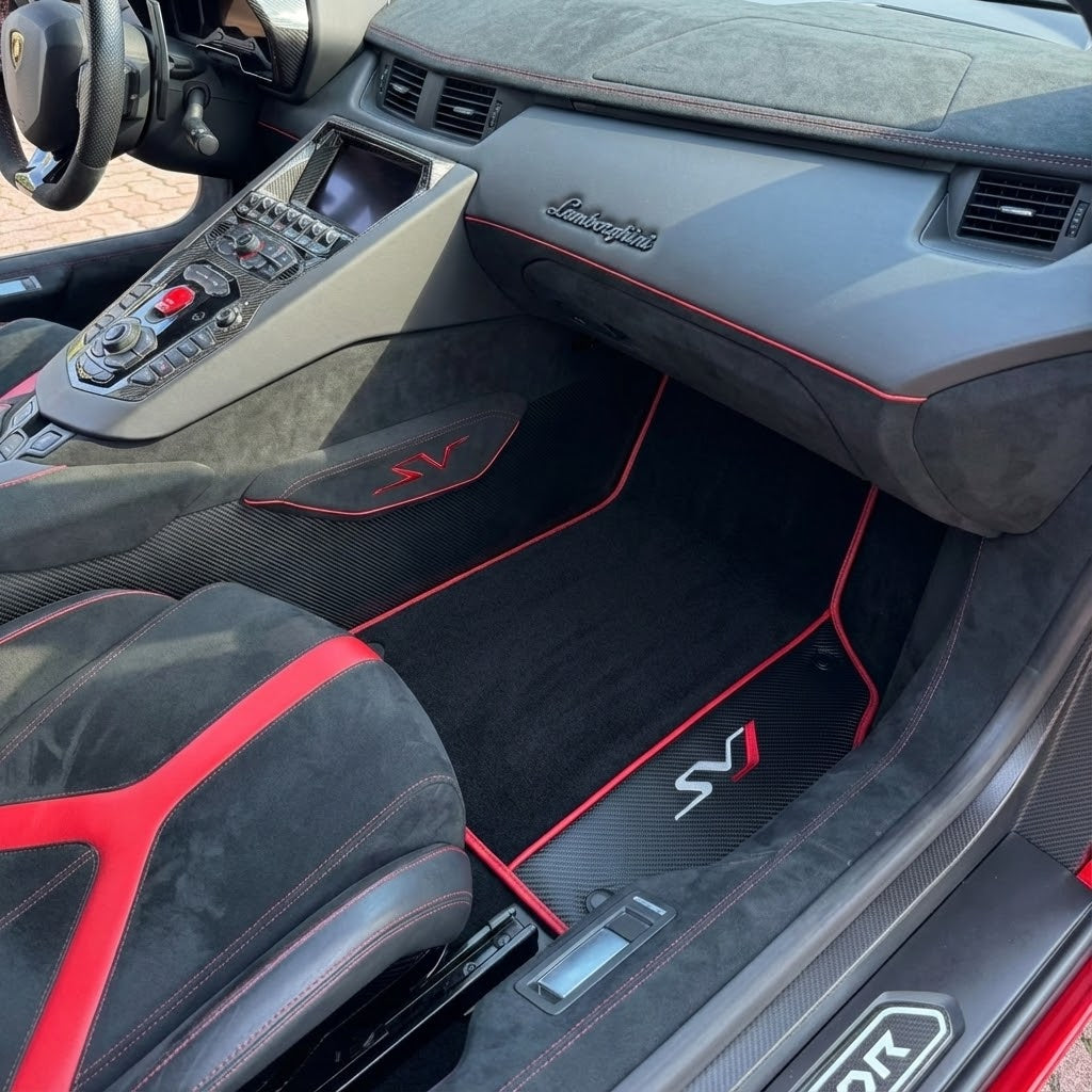 Black Floor Mats for Lamborghini Aventador SVJ with Carbon Fiber