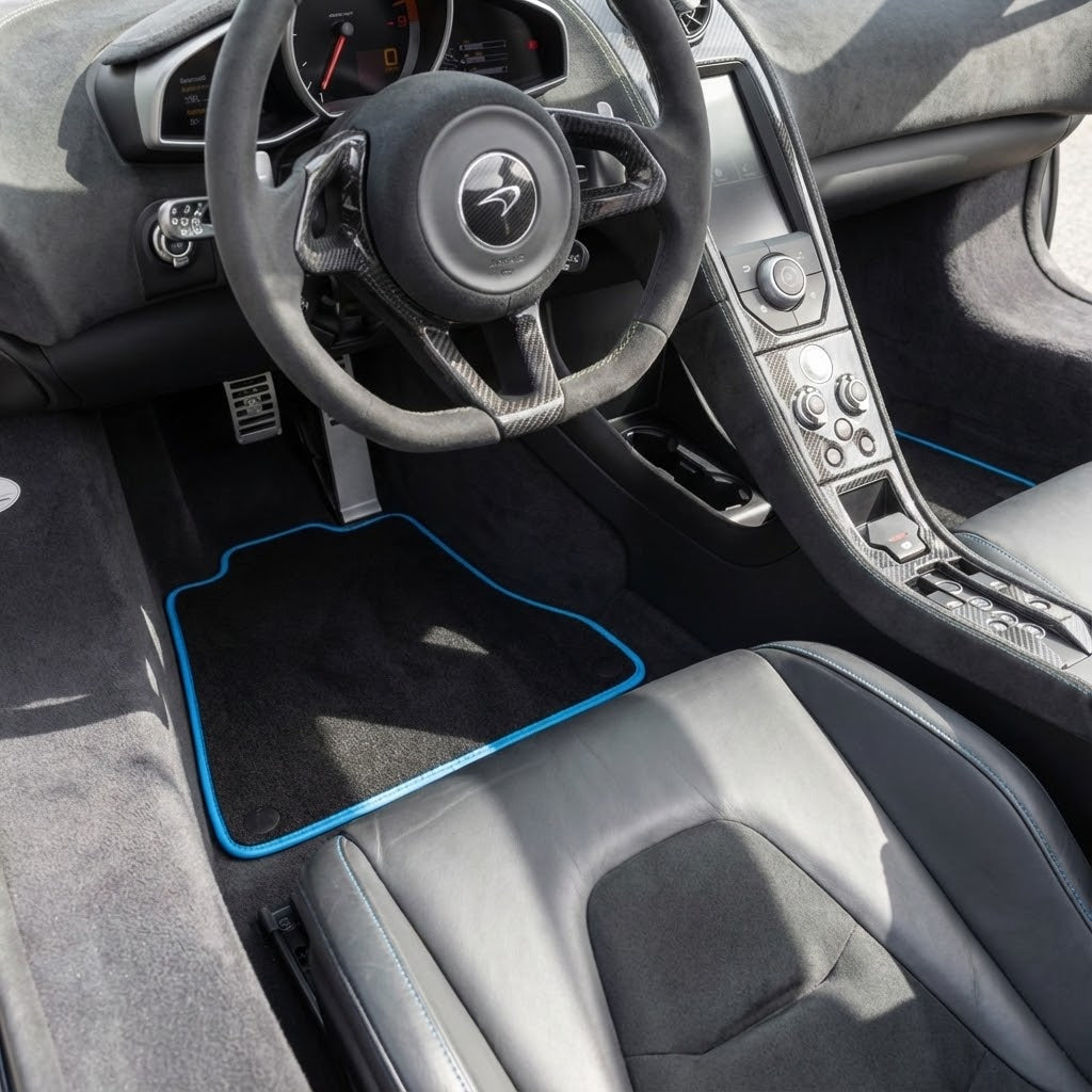 Black Floor Mats for McLaren 650S (2015-2018) with Blue Trim