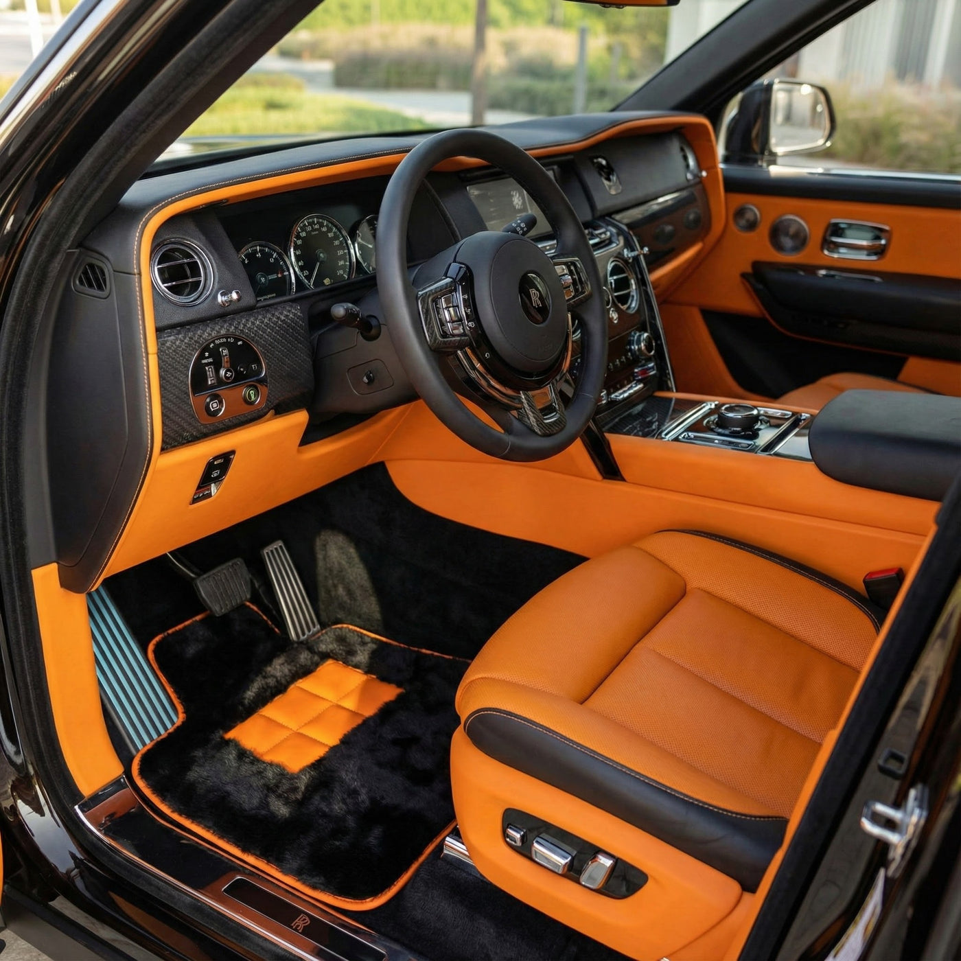 Black Sheepskin Floor Mats for Rolls-Royce Cullinan | Orange Trim
