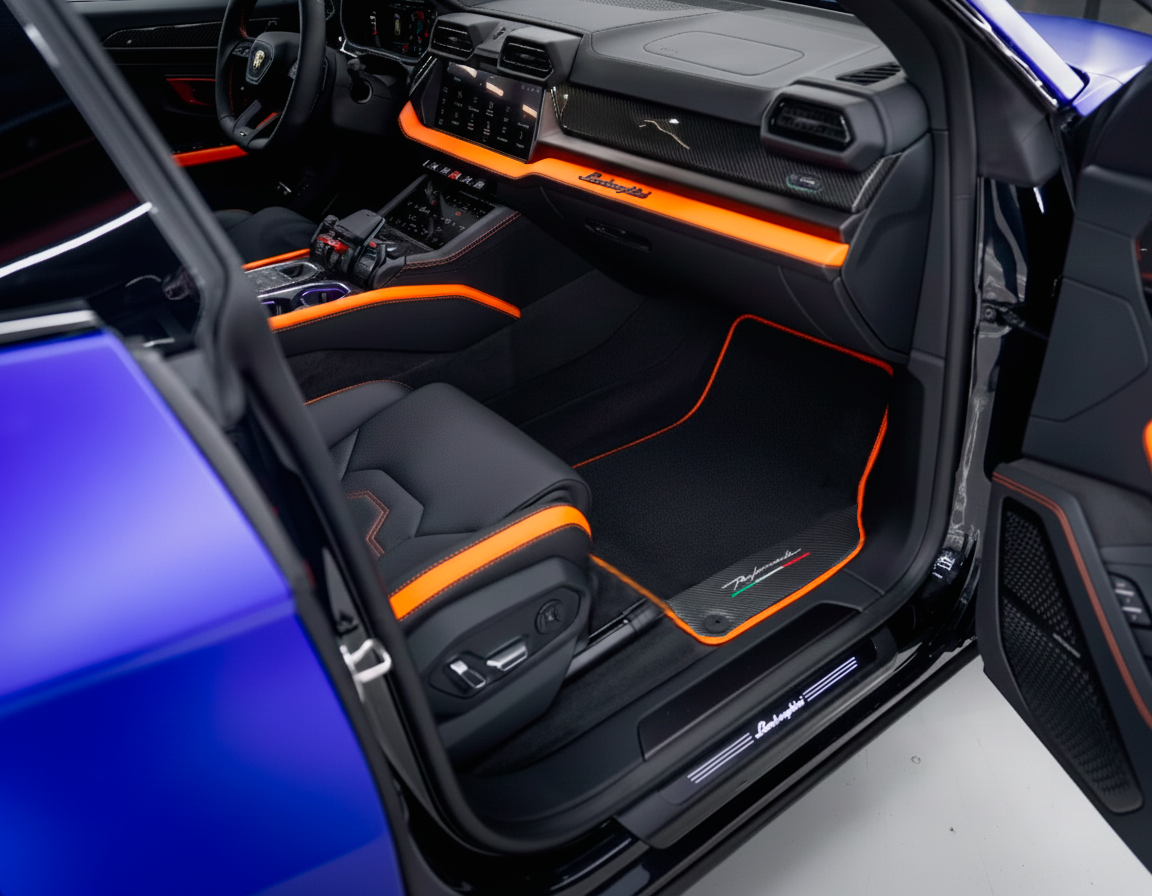Floor Mats For Lamborghini Urus Black Tailored Orange Edition - AutoWin.EU