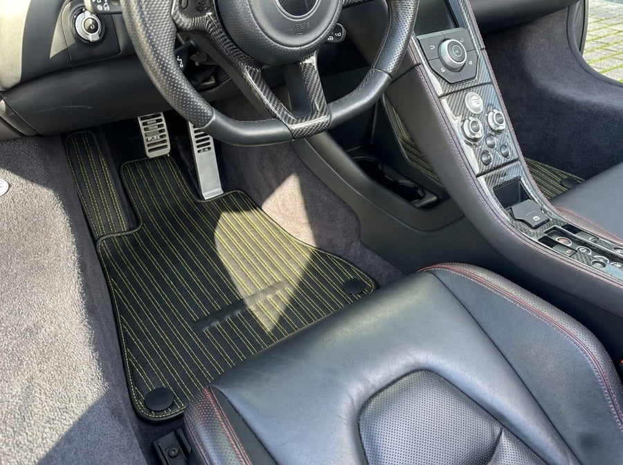 Leather Floor Mats for McLaren MP4-12C (2011–2014) Black Tailored Yellow Sewing
