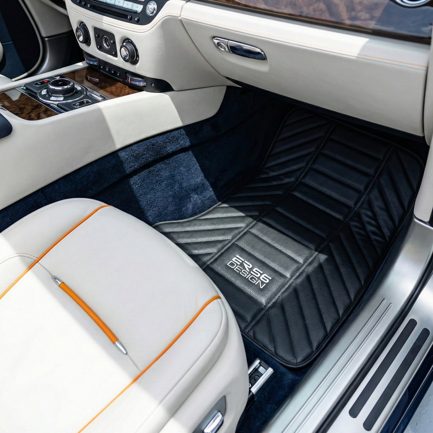 Black Leather Floor Mats for Rolls Royce Dawn (2016-2023) ER56 Design