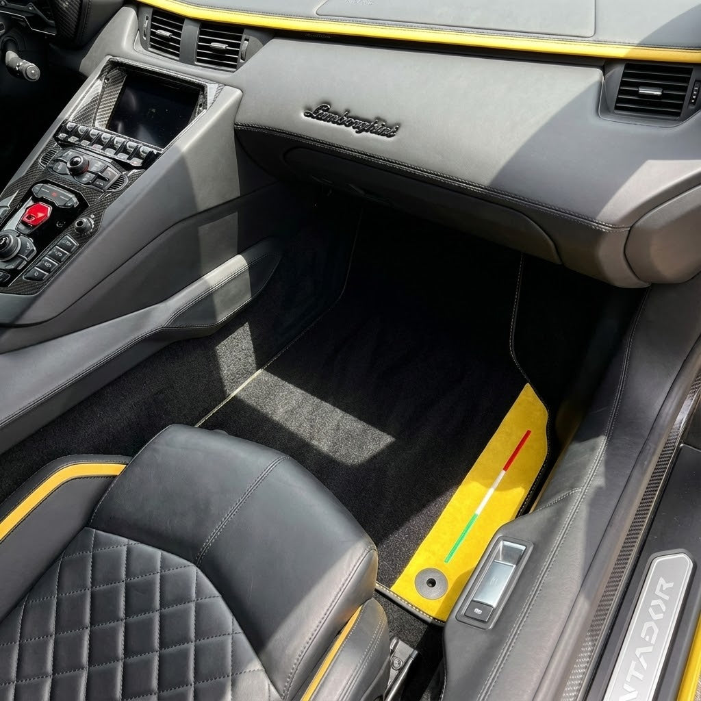 Customizable Black Floor Mats for Lamborghini Aventador S with Yellow Alcantara Leather