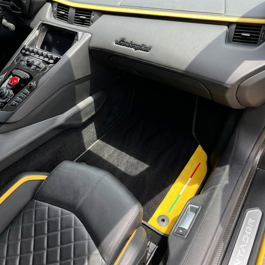 Customizable Black Floor Mats for Lamborghini Aventador S with Yellow Alcantara Leather