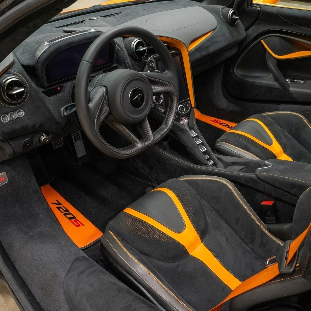 Black Floor Mats for McLaren 720S (2017-2021) with Orange Leather