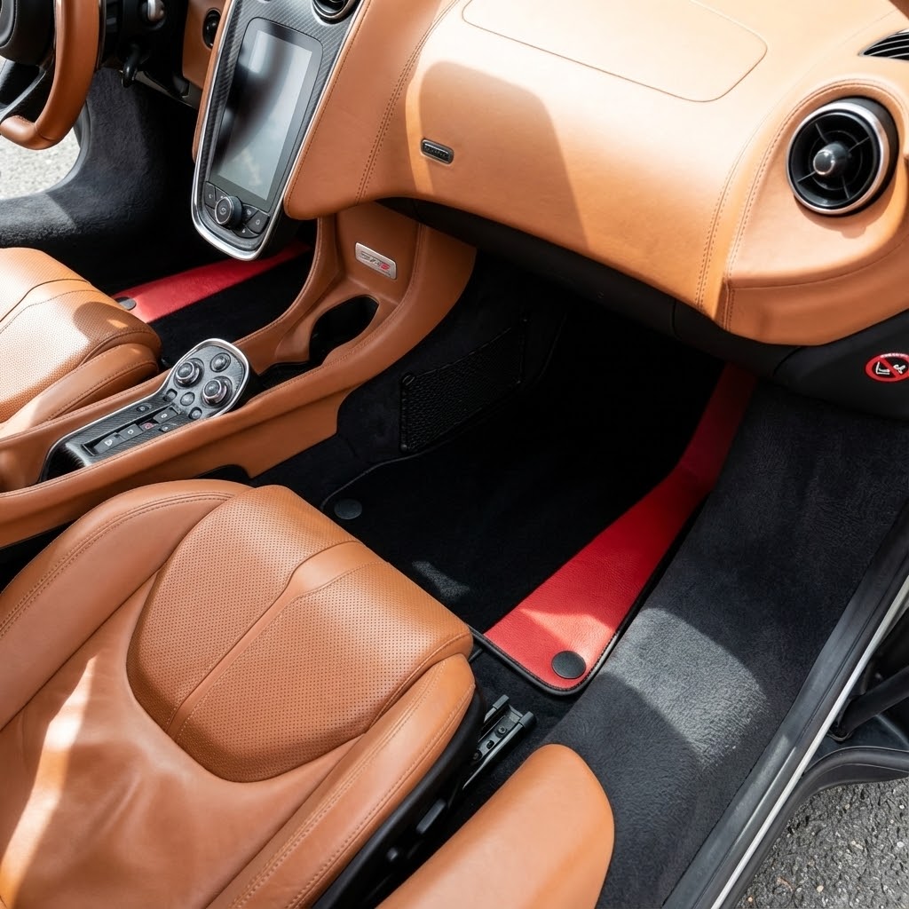 Interior look of floor mats for Black Floor Mats For McLaren 570S (2015-2021) With Red Leather