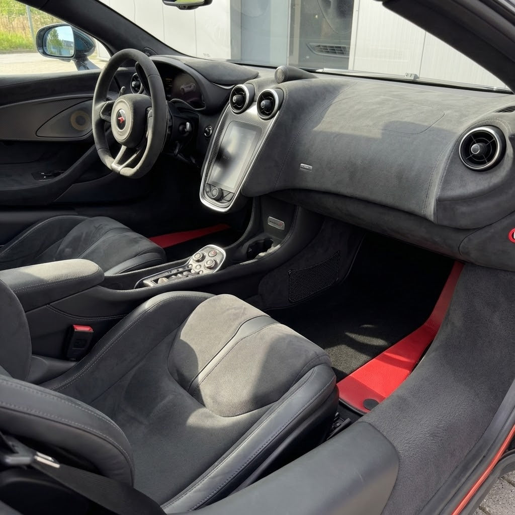 Interior look of floor mats for Black Floor Mats For McLaren 600 LT (2018-2020) With Red Leather