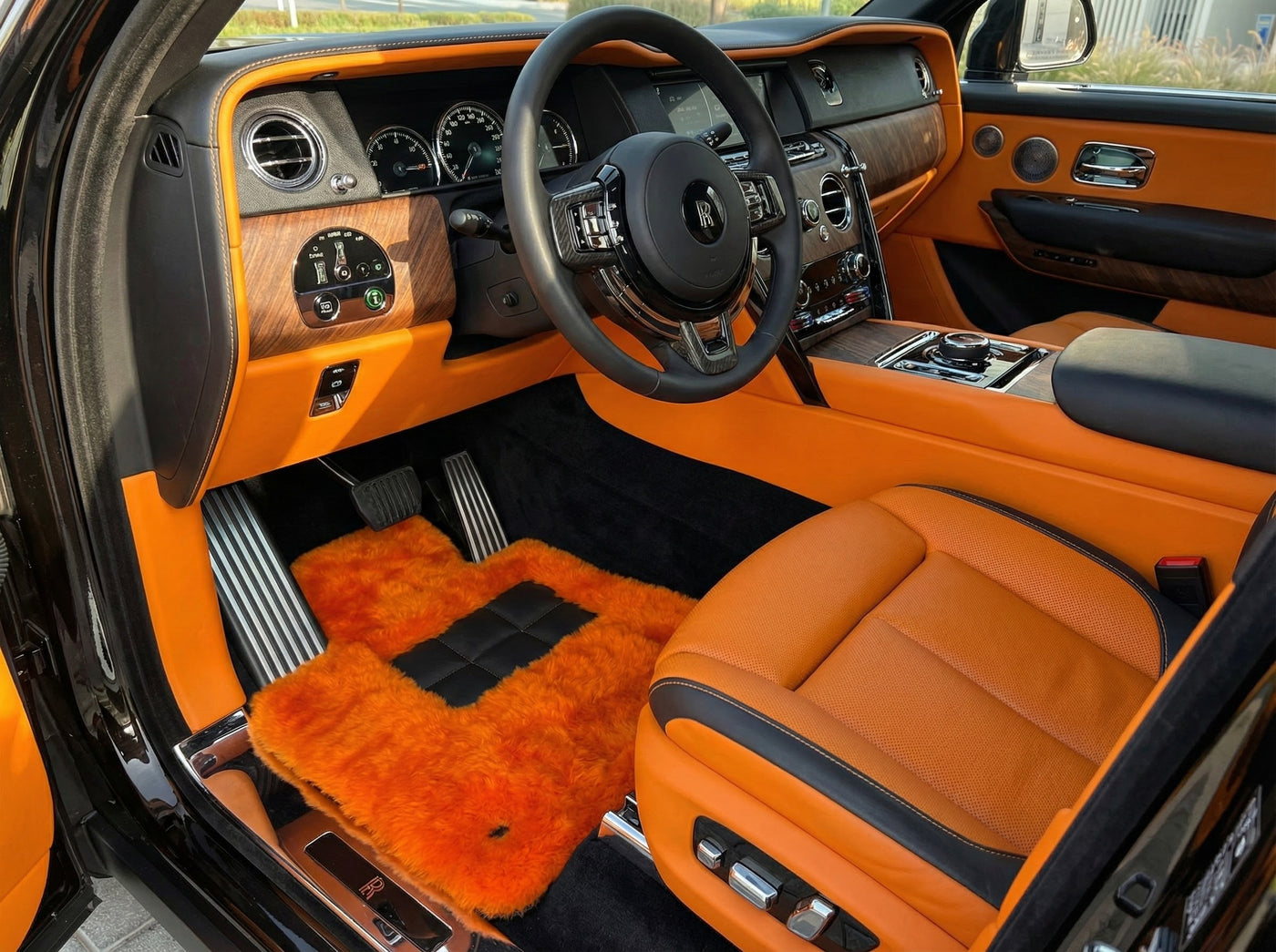 Orange Sheepskin Floor Mats For Rolls Royce Cullinan Rr31 2018-2025 Er56 Design Brand