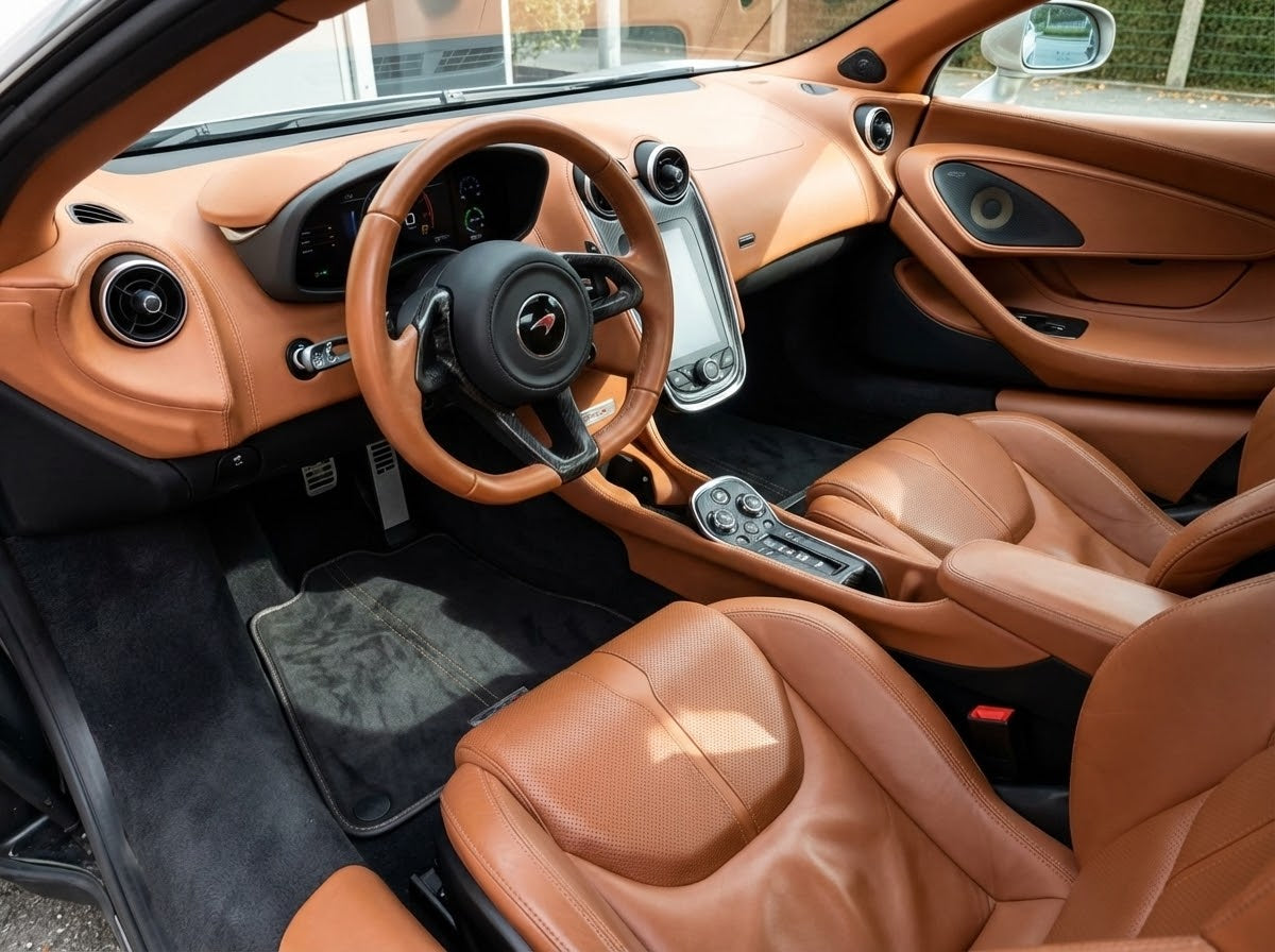 Interior look of floor mats for Floor Mats For McLaren 570S (2015-2021) Alcantara Black Tailored Carpets With Orange Sewing