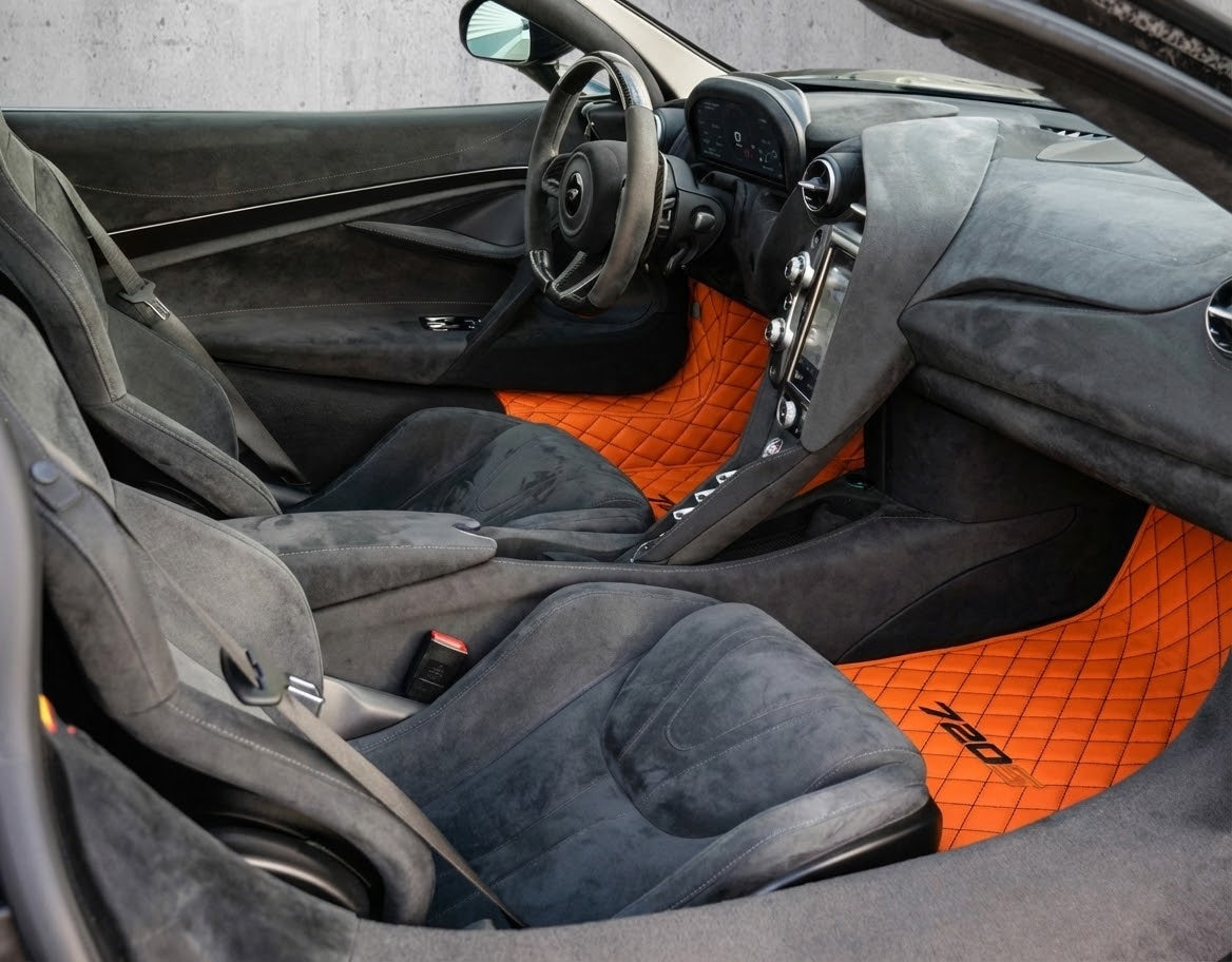 Interior look of floor mats for Orange Leather Floor Mats For McLaren 720S