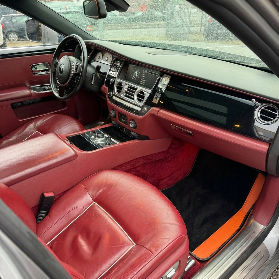 Custom Black Floor Mats for Rolls Royce Ghost Series II (2021-2024) with Orange Leather