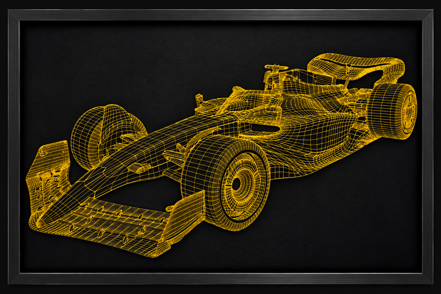 Black Leather Formula 1 Race Car Inspired Wall Art: Embroidered Yellow Stitch