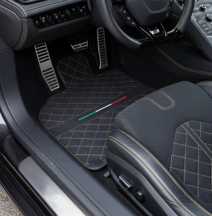 Interior look of floor mats for Lamborghini Huracan Perfomante Alcantara Leather Gold Trim