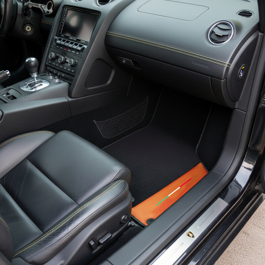 Custom Black Floor Mats for Lamborghini Gallardo With Orange Arancia Mira Nappa Leather