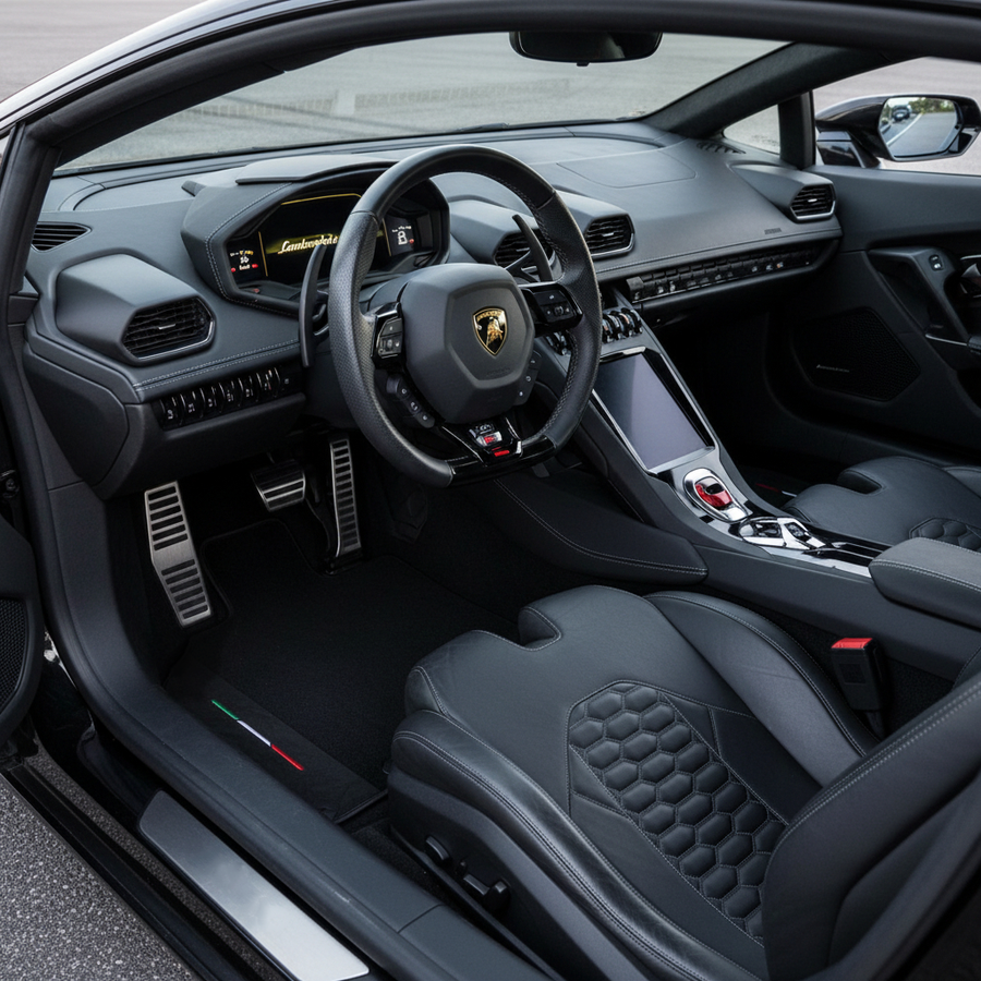 Black Floor Mats for Lamborghini Huracan STO with Leather | Italian Flag