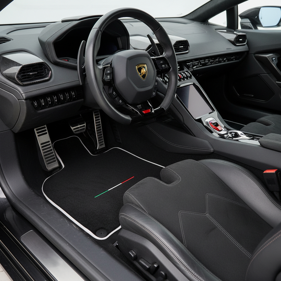 Black Carpet Floor Mats for Lamborghini Huracan STO with White Trim | Italian Edition
