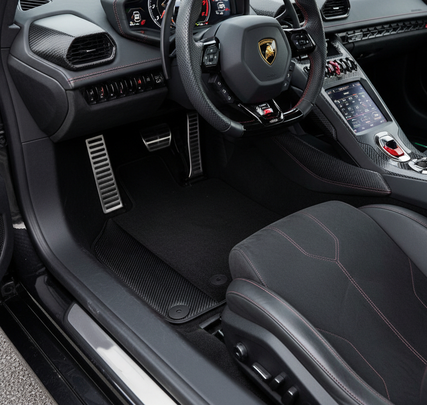Custom Black Floor Mats for Lamborghini Huracan EVO 2019-2024 with Carbon Fiber Leather Borders