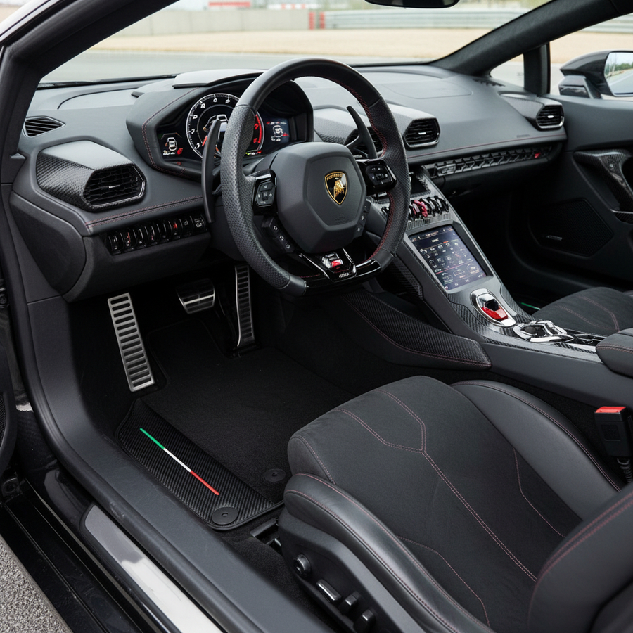 Custom Black Floor Mats for Lamborghini Huracan EVO 2019-2024 with Carbon Fiber Leather Borders